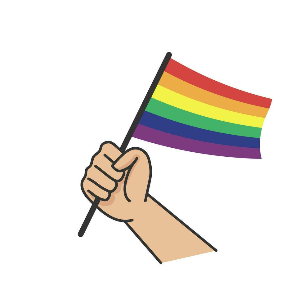 mano participación lgbt arco iris bandera. dibujos animados brazo garabatear participación orgullo símbolo. género diversidad representación. vector