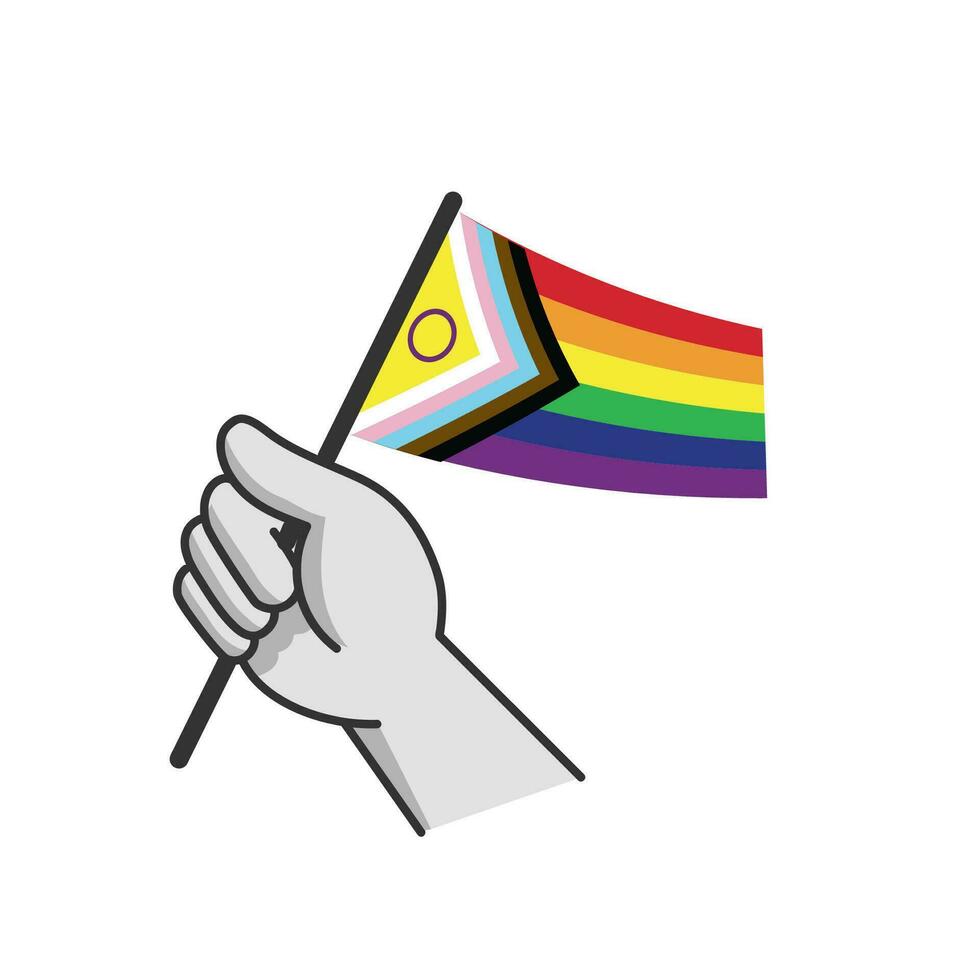 Hand holding lgbt rainbow flag. Cartoon arm doodle holding Pride symbol. Gender diversity representation. vector