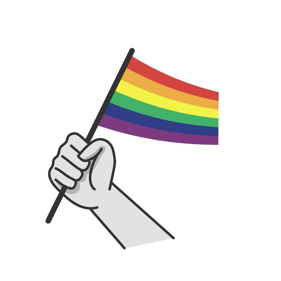 Hand holding lgbt rainbow flag. Cartoon arm doodle holding Pride symbol. Gender diversity representation. vector