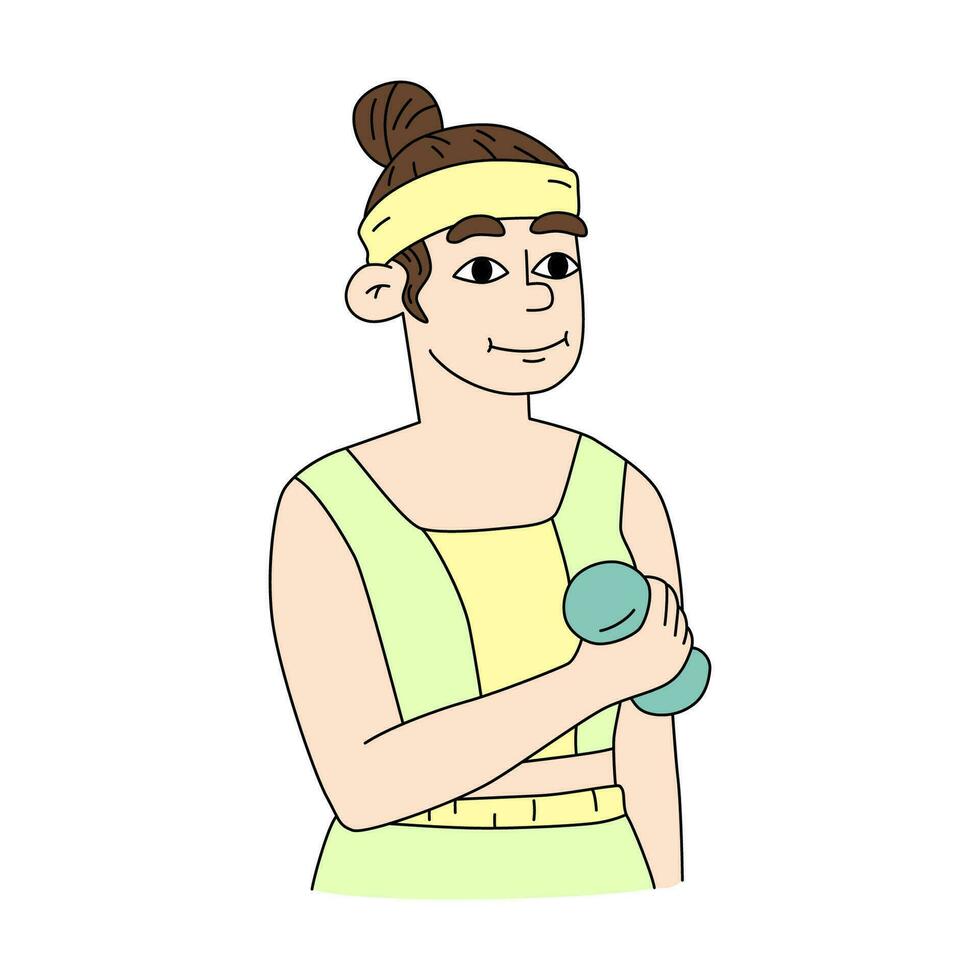 Cheerful smiling fitness woman cartoon character in sportswear standing and doing workout with dumbbells. Flat vector illustration