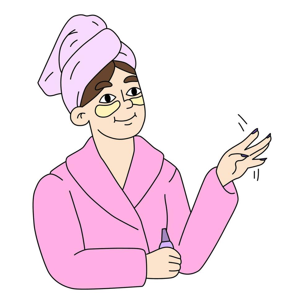 A woman with an eye mask paints her nails with nail polish. Moisturizing, anti-age care. Self beauty routine. Skin care, gel, serum, eye mask for hydration. Flat vector illustration