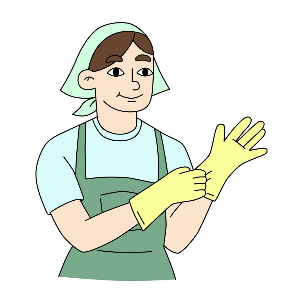 Housewife, cleaning, job career concept. Young woman professional cleaner in apron. Vector illustration in cartoon style