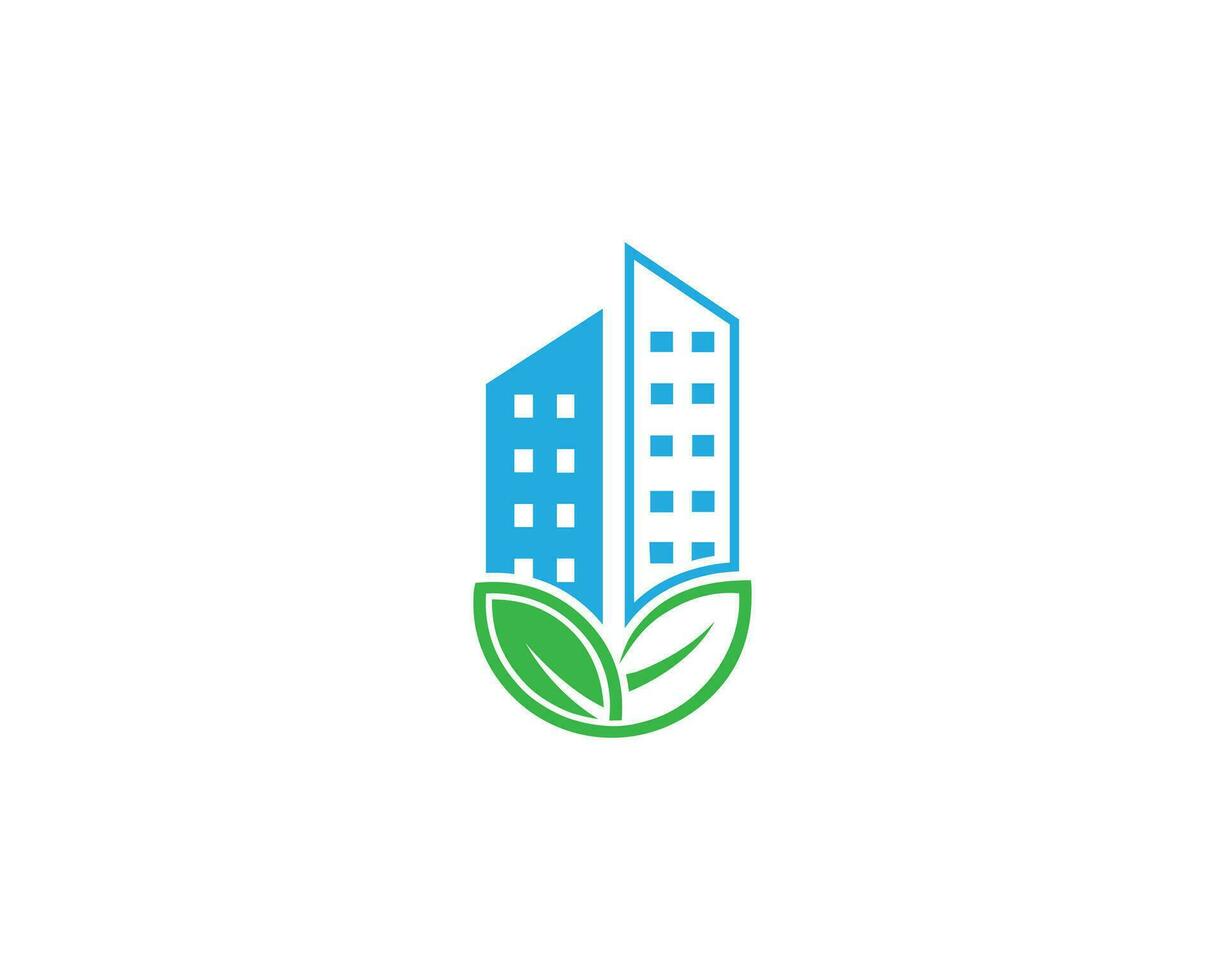 Real estate Abstract green city logo with green leaf building logo Icon design vector. vector