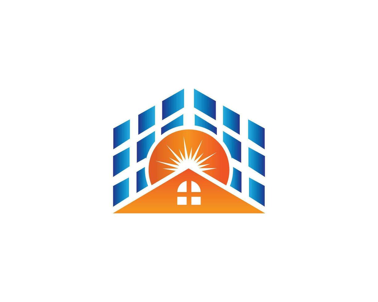 Dom solar hogar renovable energía electricidad prima logo diseño vector icono concepto.