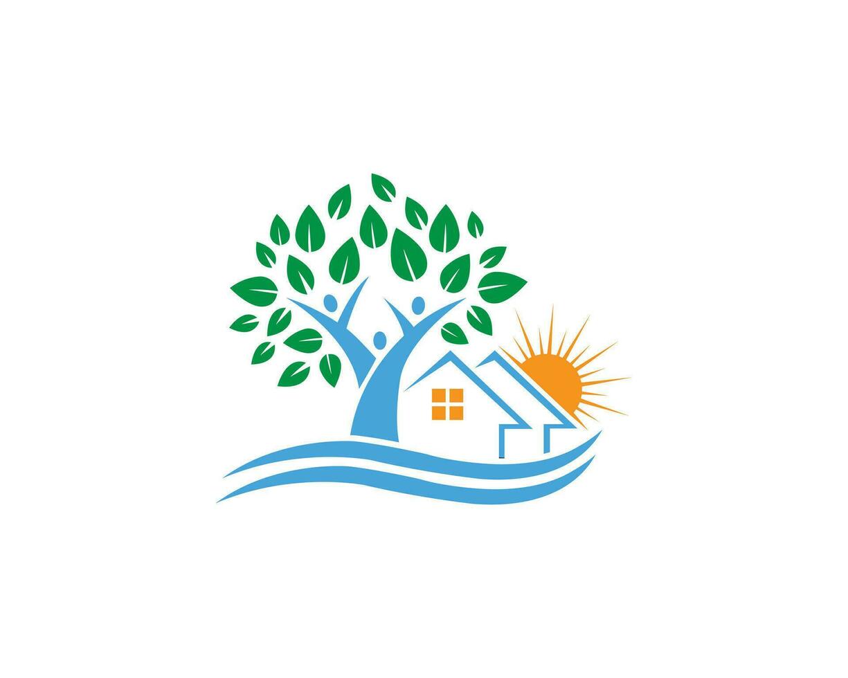 Abstract Beach Home Sun Set and Family Tree Logo Design Vector Icon.