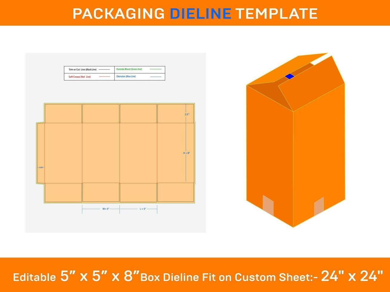 5x5x8 inch Regular Slotted Container RSC Box, Dieline Template vector