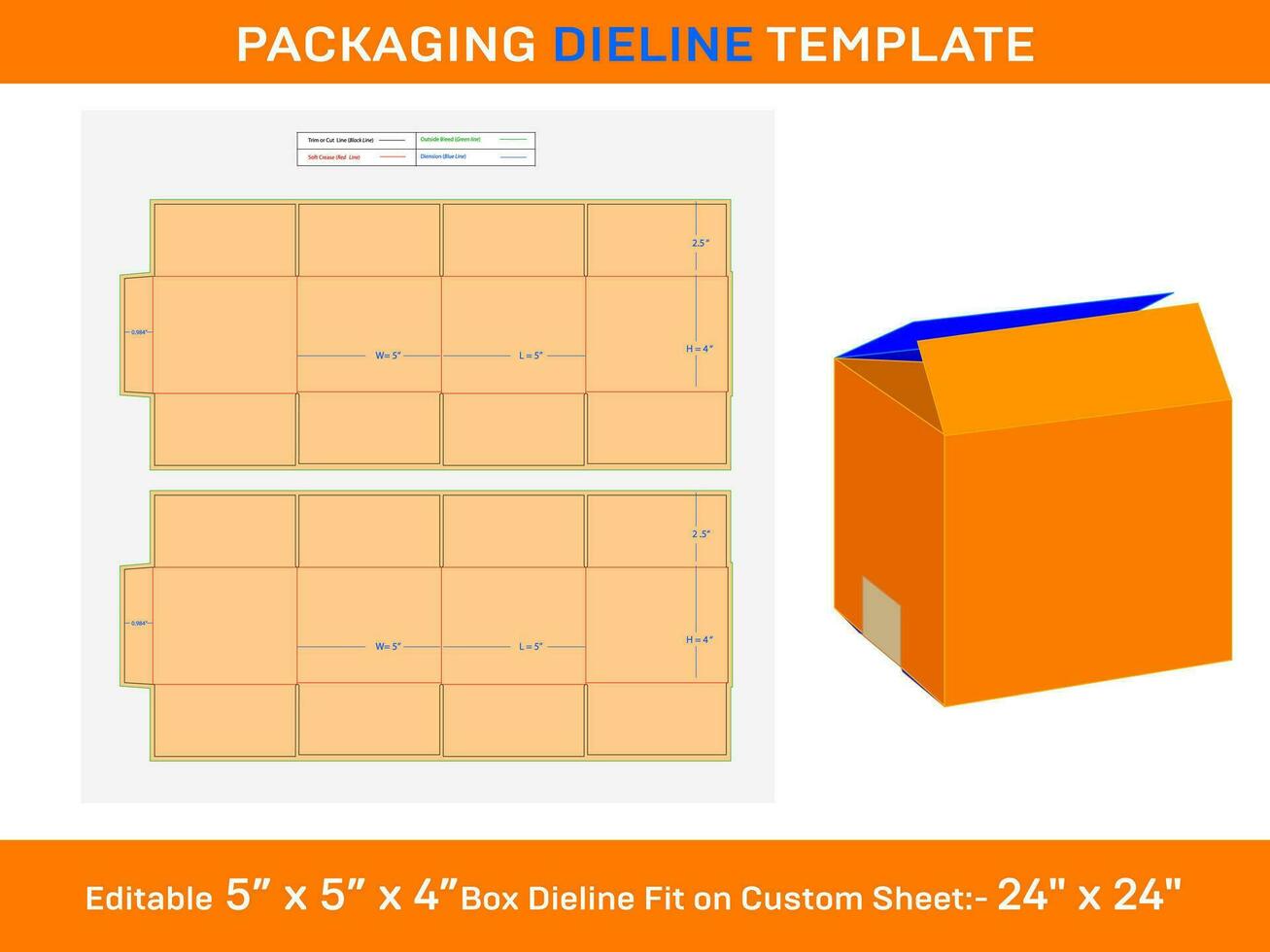 RSC Shipping Carton Box 5x5x4 inch Dieline Template vector