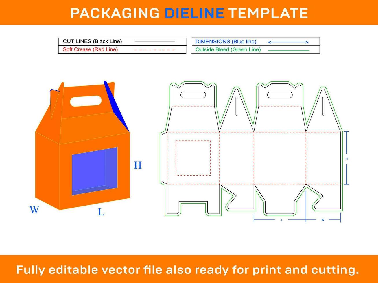 Large Gable Box, With window, Box With Handle, Dieline Template, SVG, Ai, EPS, PDF, DXF, JPEG, PNG vector