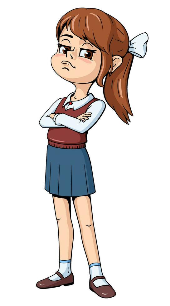 Little Proud Schoolgirl.  Cartoon Character. Vector drawing.