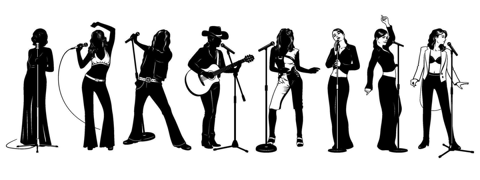 cantantes silueta colocar. jazz, estallido, roca, país, disco vocalistas vector clipart aislado en blanco.