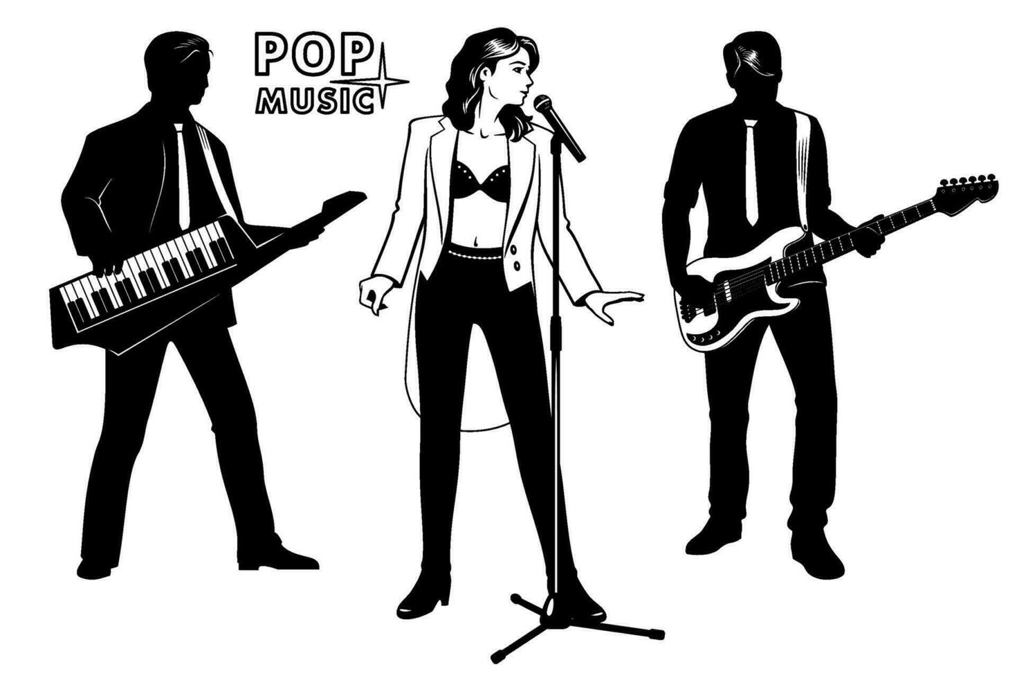 Silhouettes Set of Pop Music Singer Woman with Musicians. Girl singing, men playing on keytar and electric guitar. Microphone with stand is the separate object. Vector cliparts isolated on white.