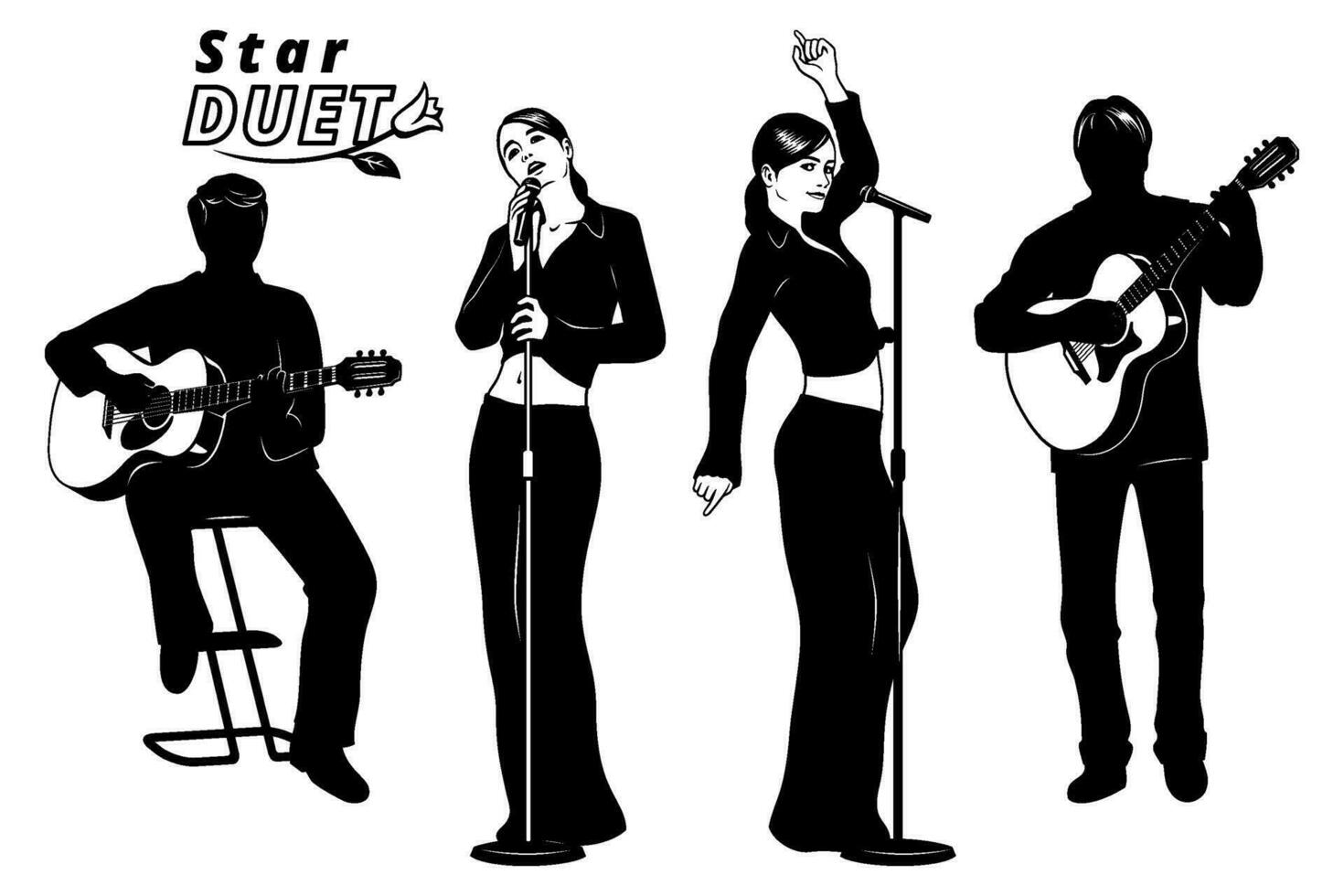 Silhouettes of Two Girls singing in duet and two musicians accompany them on acoustic guitars. Vector cliparts isolated on white.