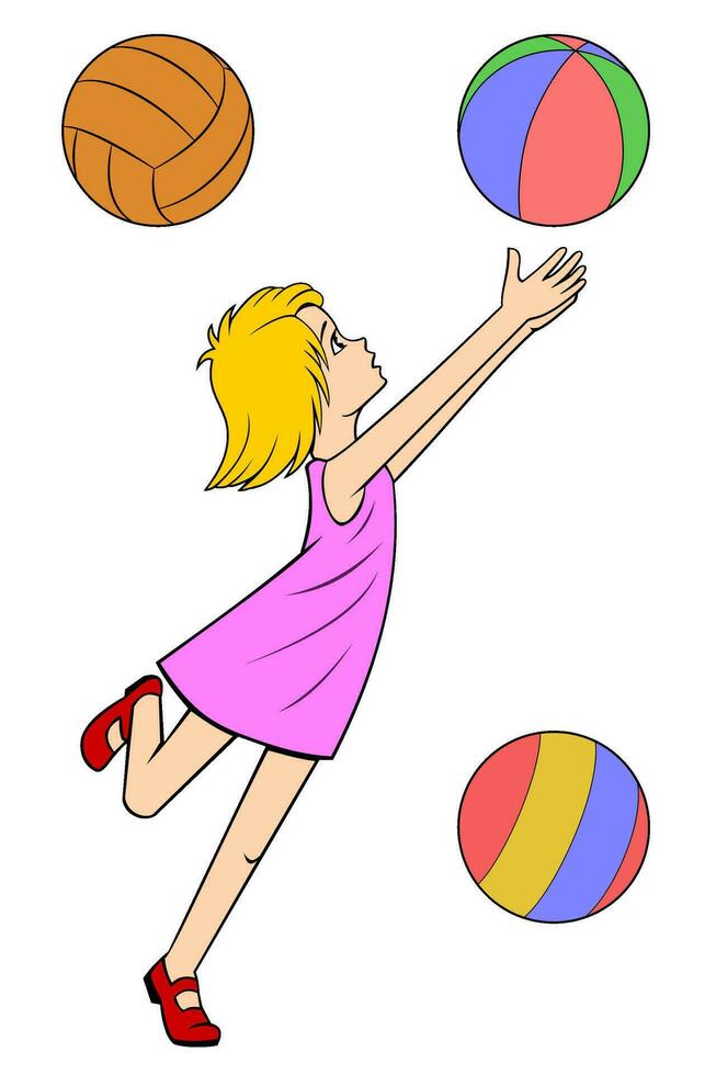 Little cartoon girl playing with ball. Three different balls are included. Vector clipart.