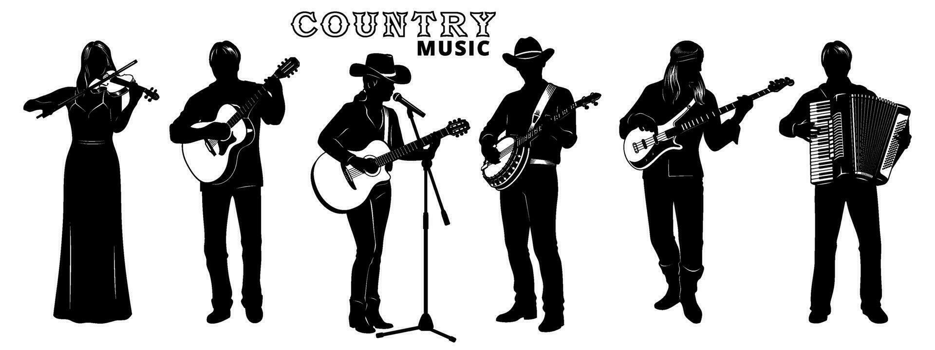 Country Band Silhouettes Set. Singer girl with acoustic guitar, banjo man, bass guitarist, accordionist, violin player. Microphone with stand is the separate object. Vector cliparts isolated on white.