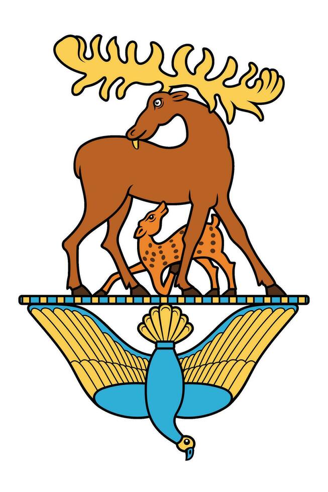Elk with Calf and Dove. Ancient Scythian symbol. Vector clipart isolated on white.