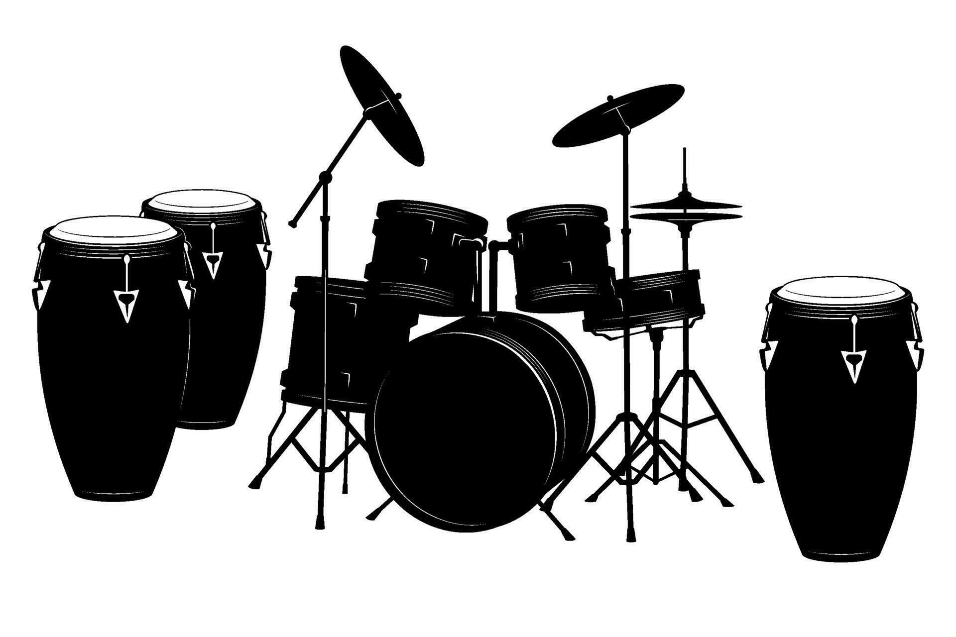 Drums Silhouette Set. Drum kit and percussion drums. Vector cliparts isolated on white. 25261946
