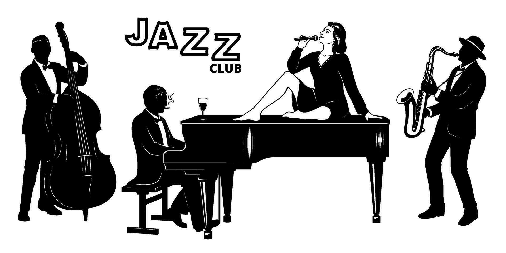 retro jazz club siluetas colocar. cantante mujer sentado en un piano., pianista, doble bajista, saxofonista. vector imágenes prediseñadas