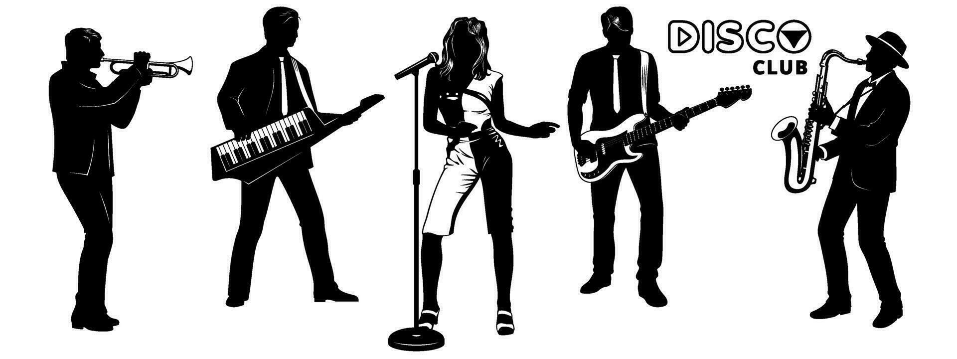 Disco Musicians Silhouettes Set. Girl singing, men playing on trumpet, keytar, electric guitar, saxophone. Microphone with stand is the separate object. Vector cliparts isolated on white.