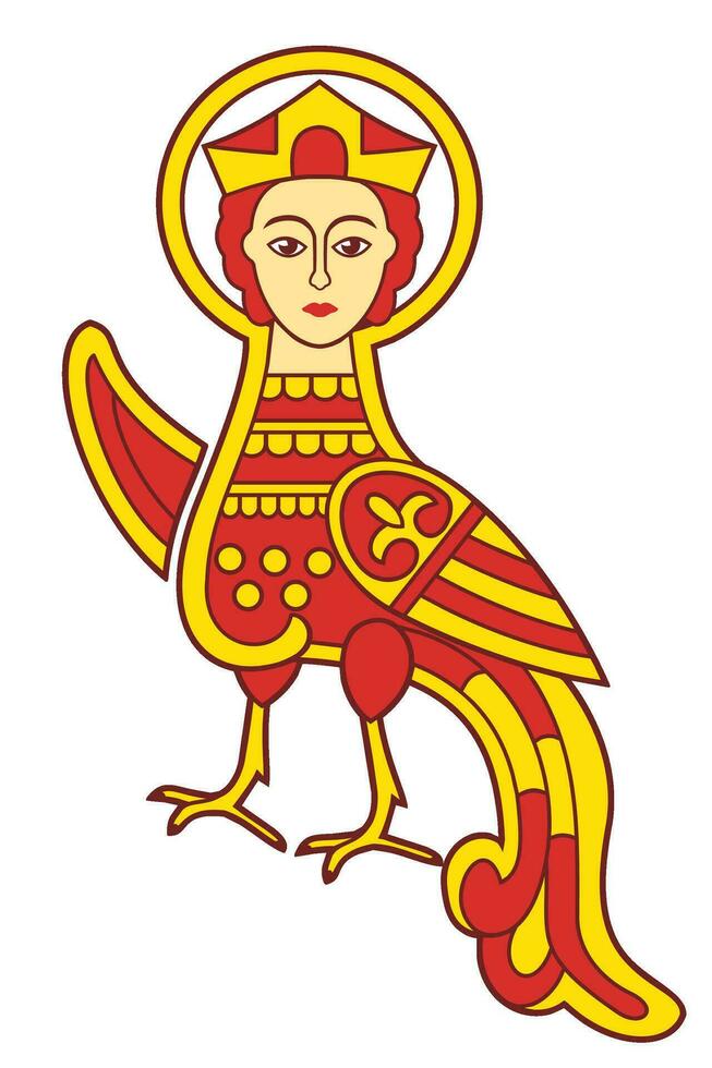 Siren or Paradise Bird, Firebird. Ancient folk symbol. Vector clipart isolated on white.