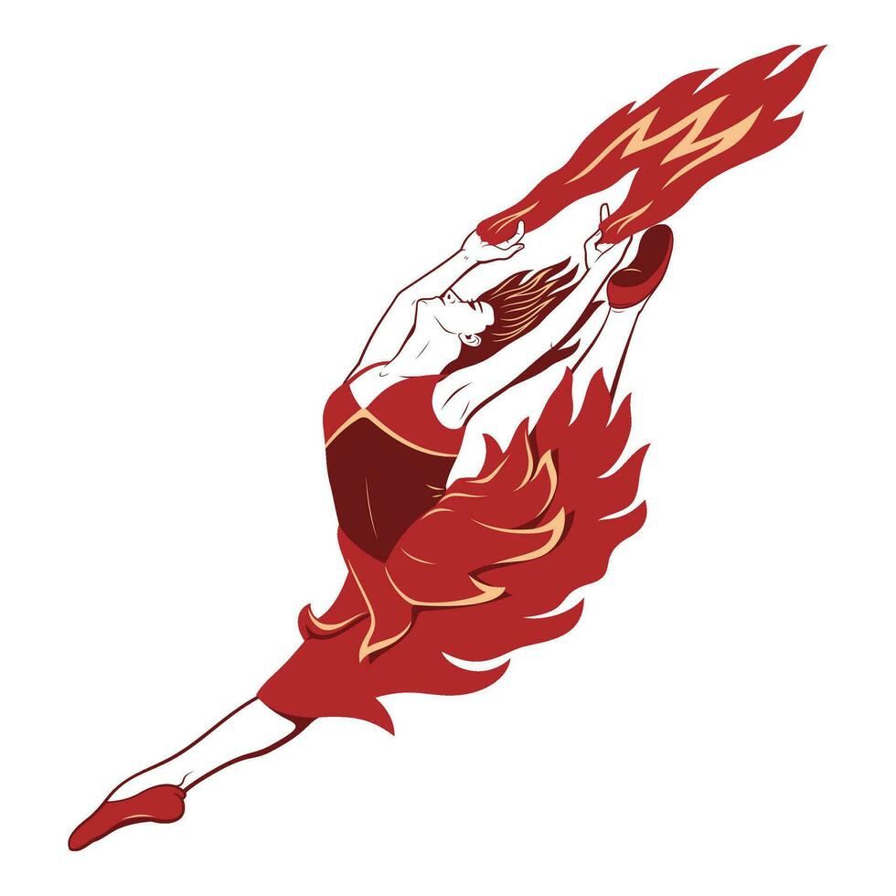 Fire dance ballerina. Girl in fire like dress. Vector clipart isolated on white..