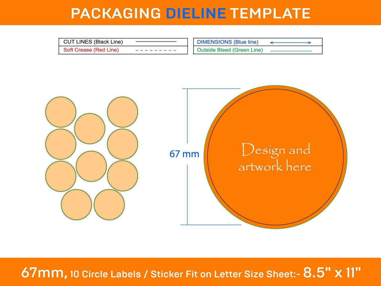 10pcs 67 mm CIRCLE labels sticker dieline template vector