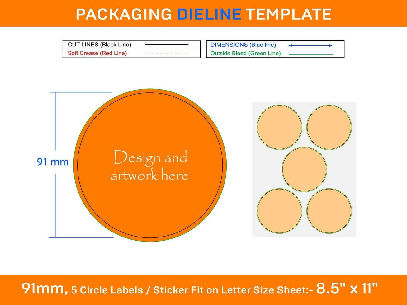 5pcs 91 mm CIRCLE labels sticker dieline template vector