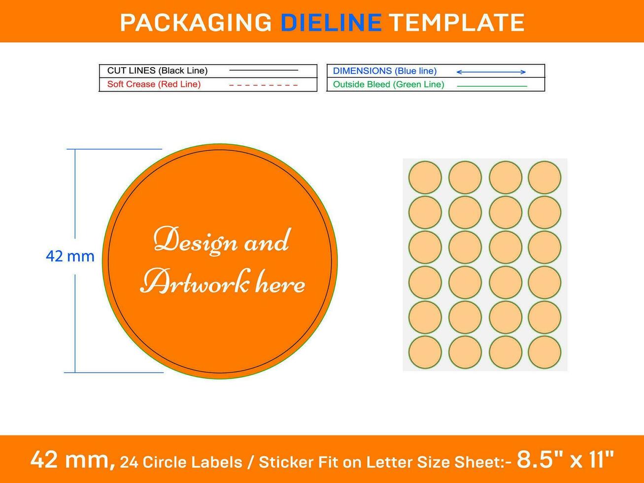 24pcs 42 mm CIRCLE or ROUND label sticker dieline template vector