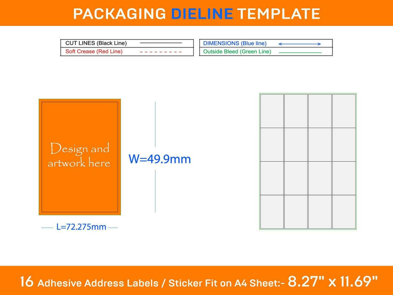 16 Adhesive Address Labels Dieline Template 72.275 x 49.9mm vector
