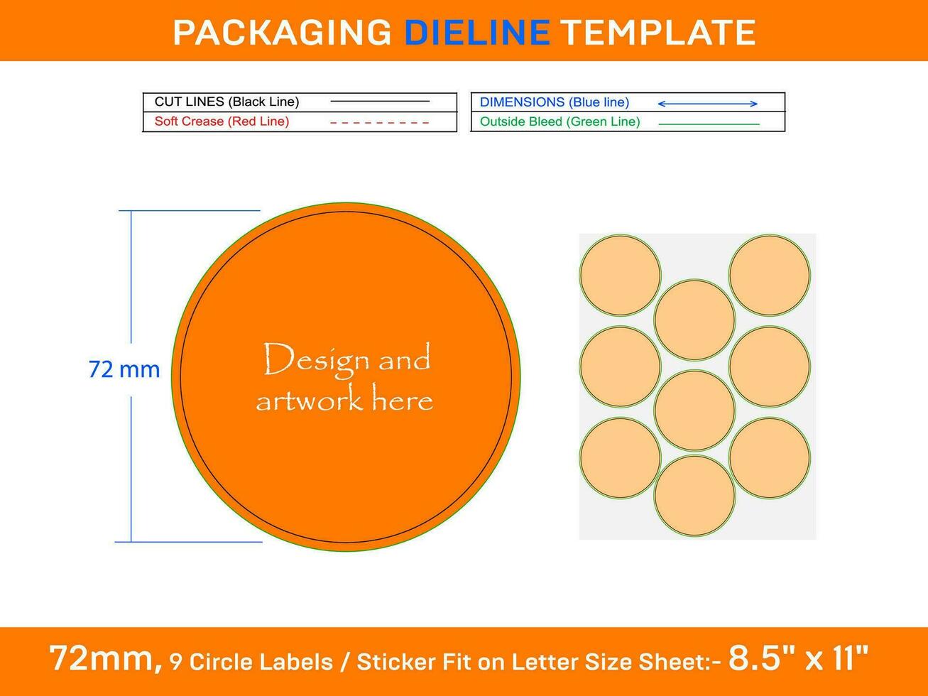 9pcs 72 mm CIRCLE labels sticker dieline template vector