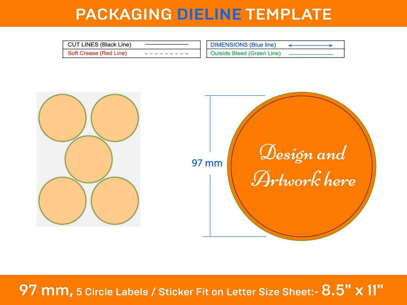 5pcs 97 mm CIRCLE or ROUND label sticker dieline template vector