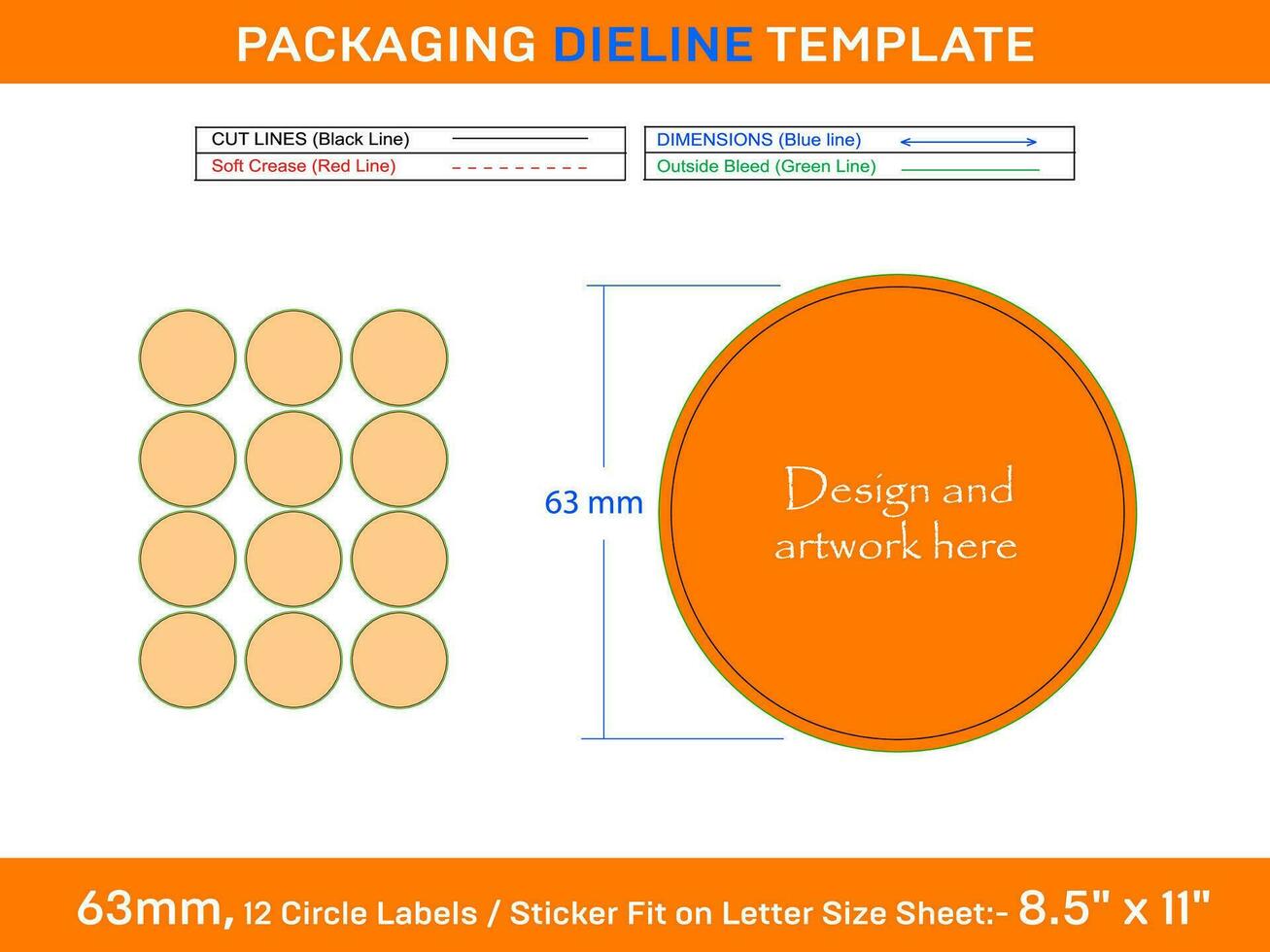12pcs 63 mm CIRCLE labels sticker dieline template vector