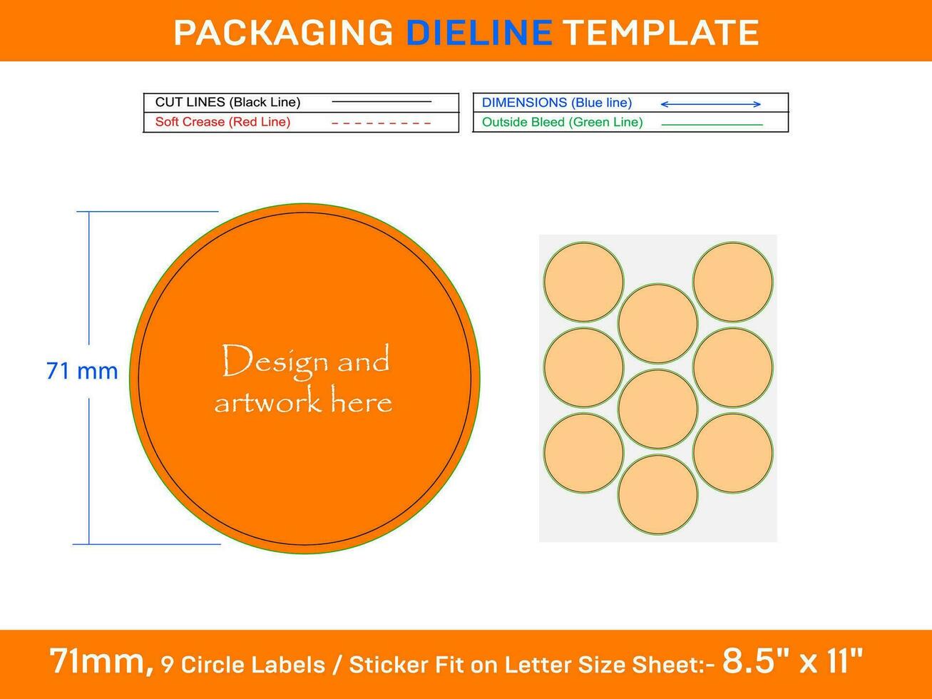 9pcs 71 mm CIRCLE labels sticker dieline template vector