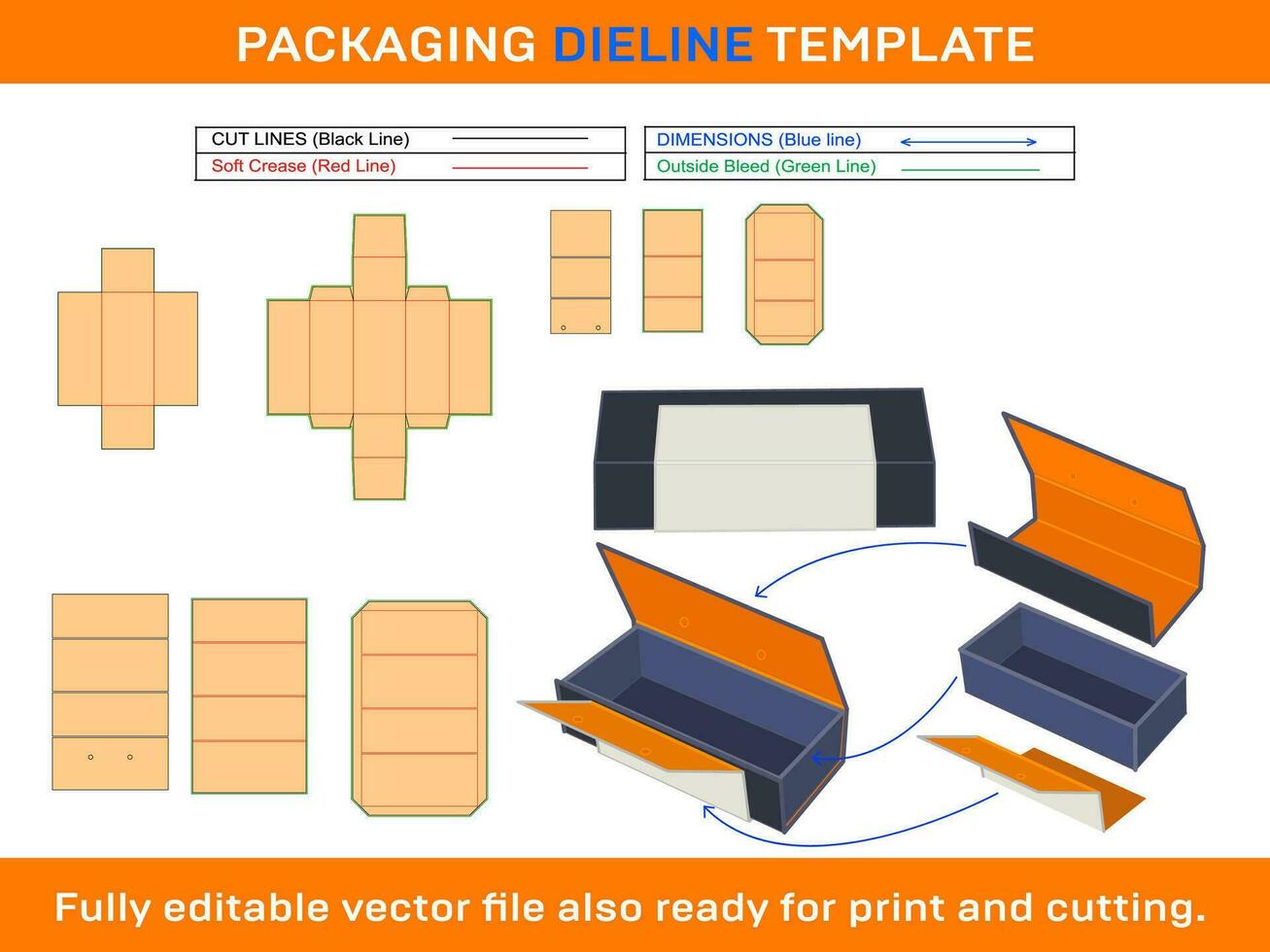 Rigid Box, 3 Path Rigid Box With Megnetic Closer Flap, Dieline Template vector