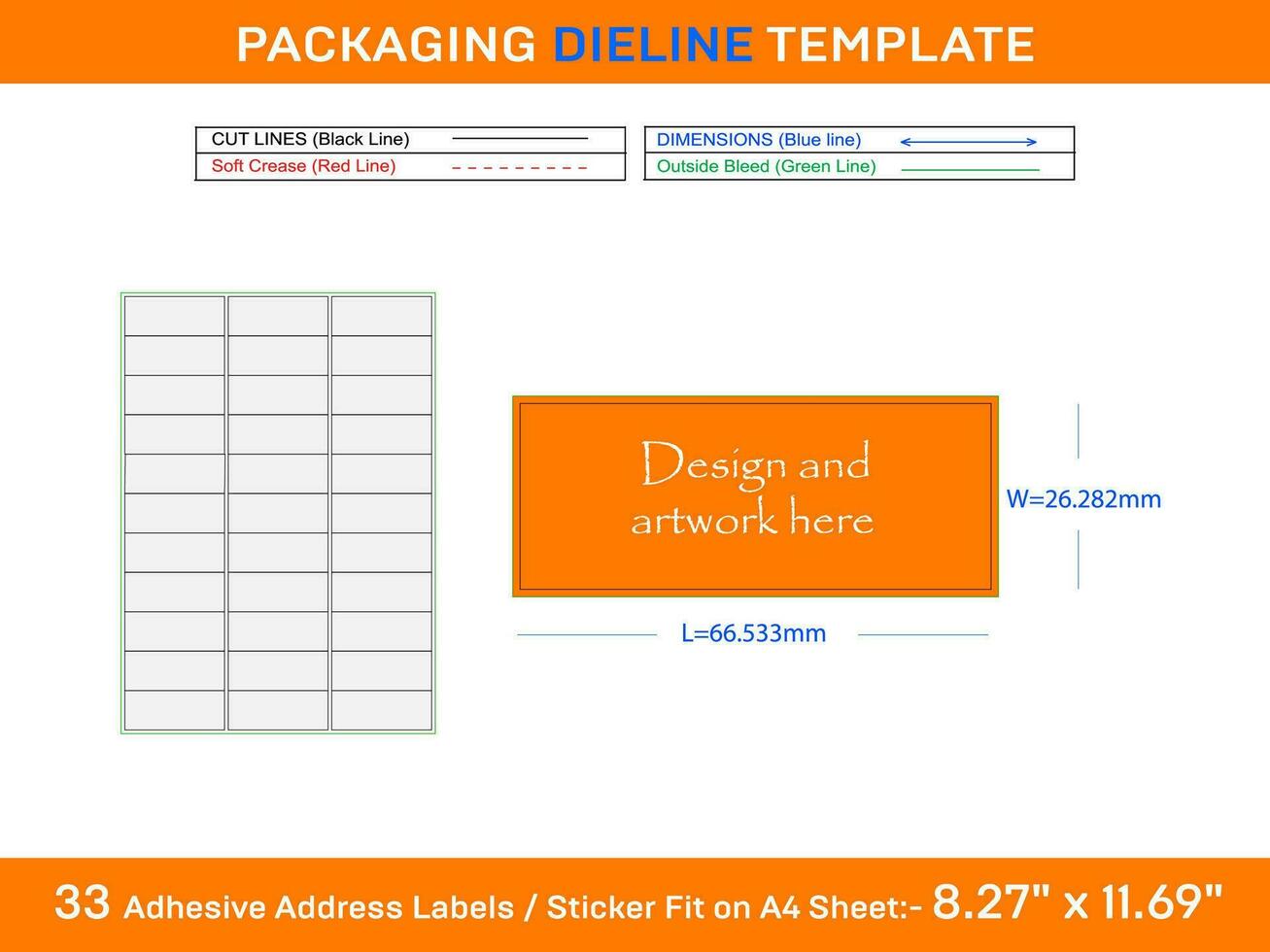 33 Adhesive Address Labels Dieline Template 66.533 x 26.282mm vector