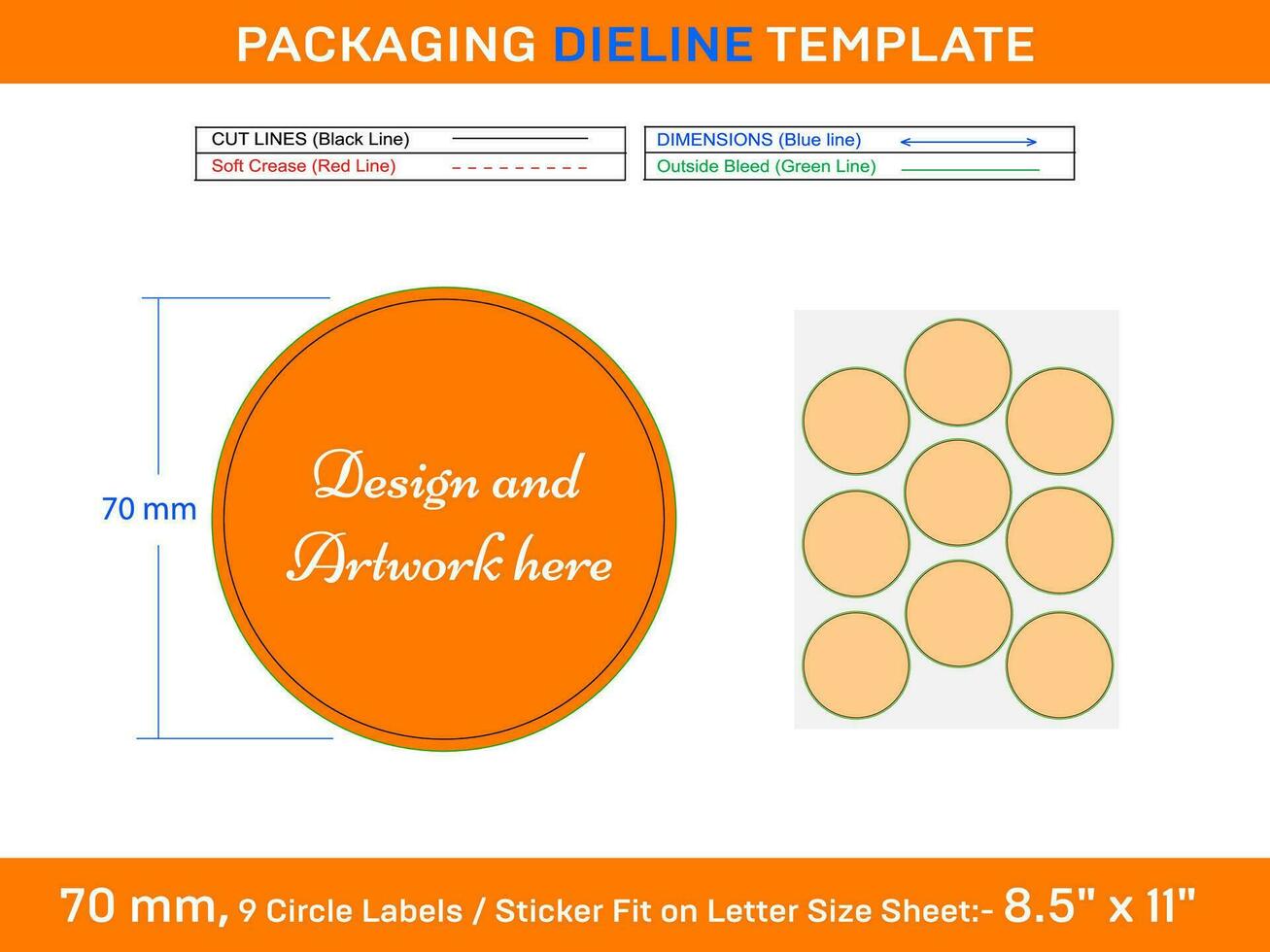 9pcs 70 mm CIRCLE labels sticker dieline template vector