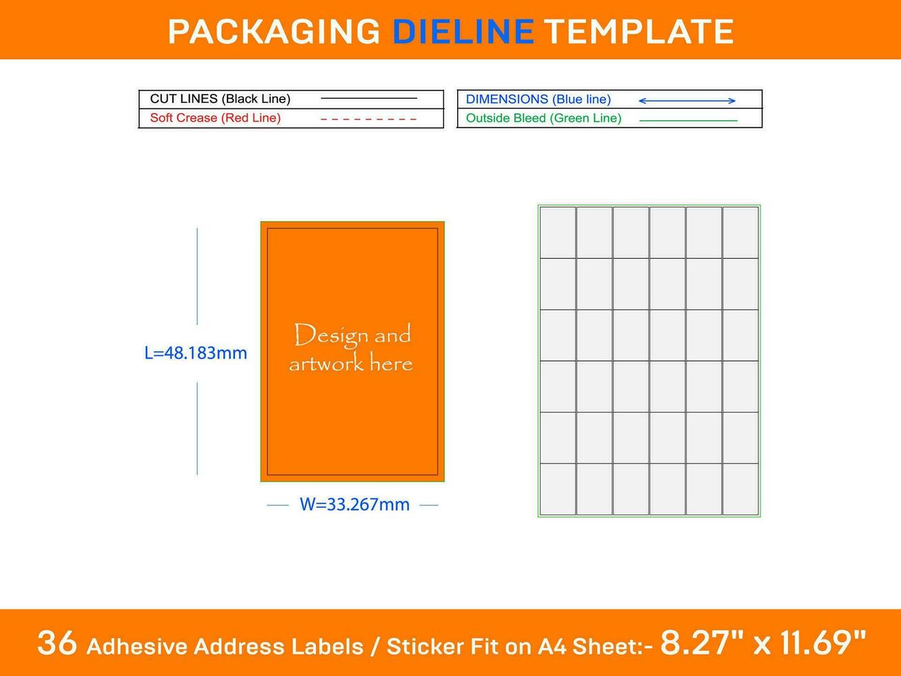 36 Adhesive Address Labels Dieline Template 48.183 x 33.267mm vector