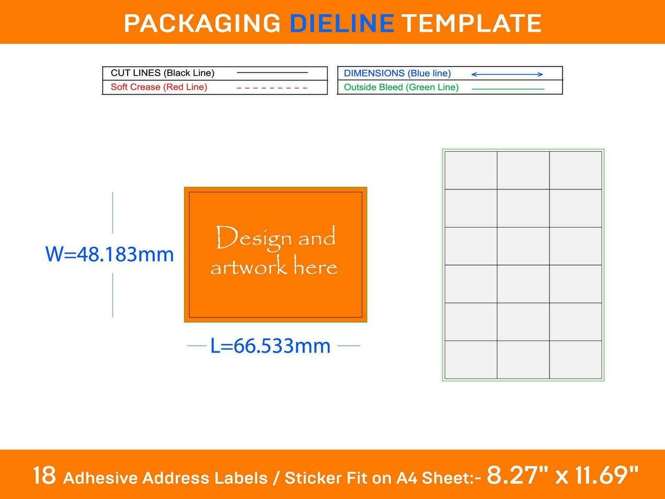 18 Adhesive Address Labels Dieline Template 66.533 x 48.183mm vector