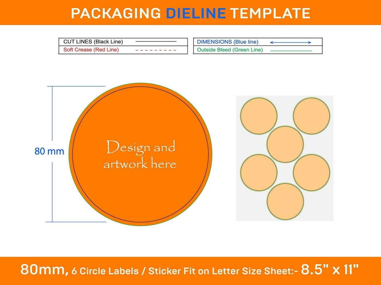 6pcs 80 mm CIRCLE labels sticker dieline template vector