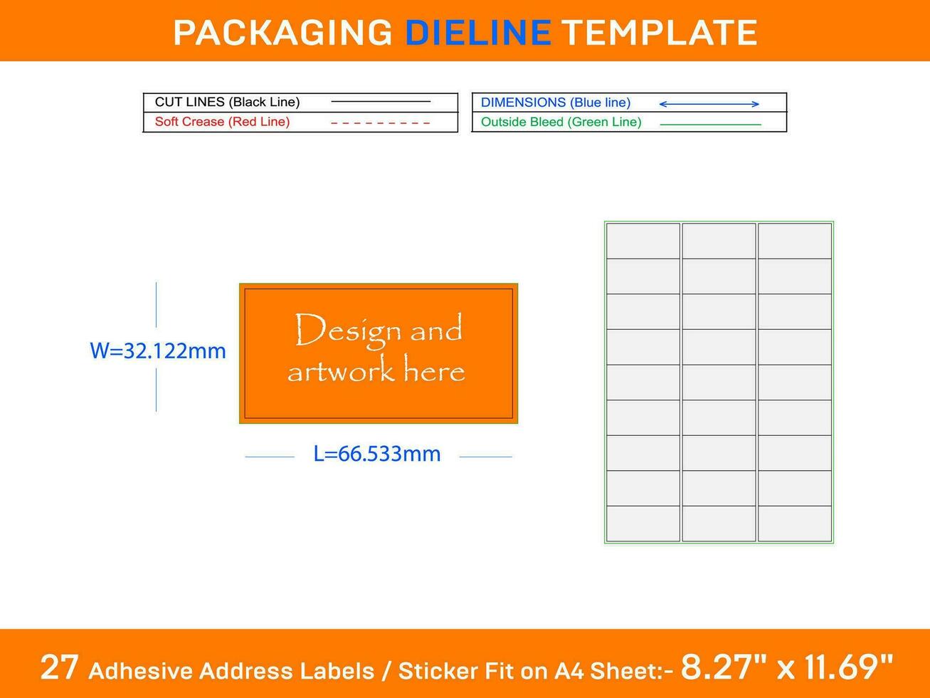 27 Adhesive Address Labels Dieline Template 66.533 x 32.122mm vector