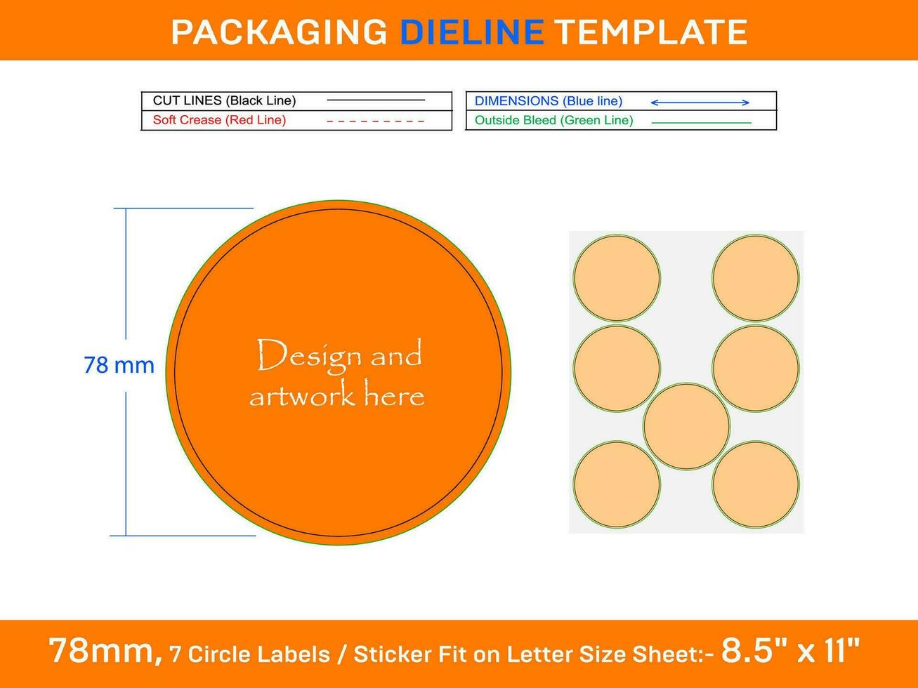 7pcs 78 mm CIRCLE labels sticker dieline template vector