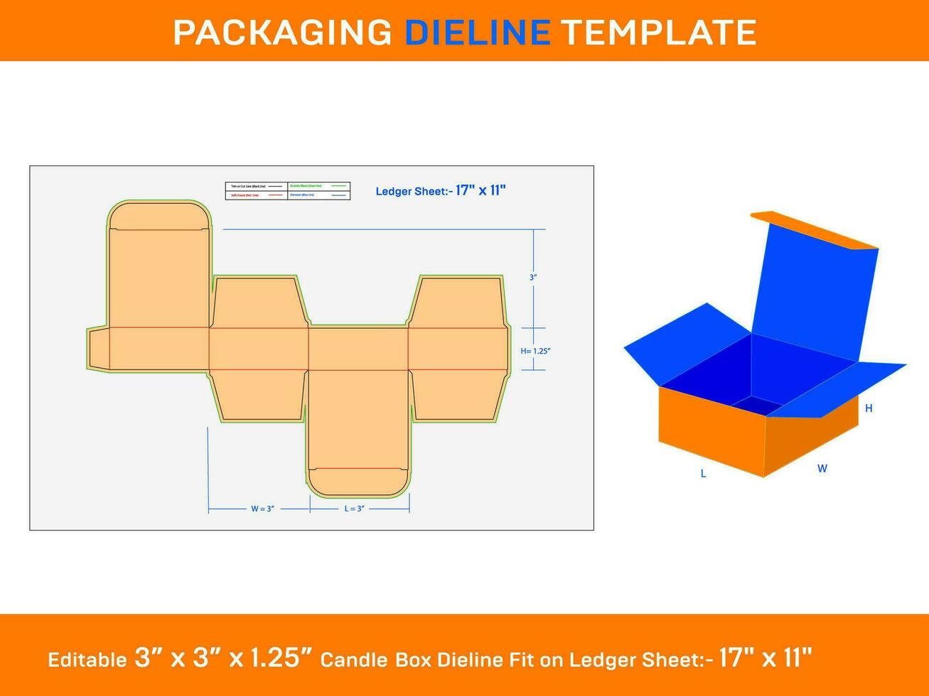 Candle With box, Dieline Template, 3x3x1.25 inch, vector