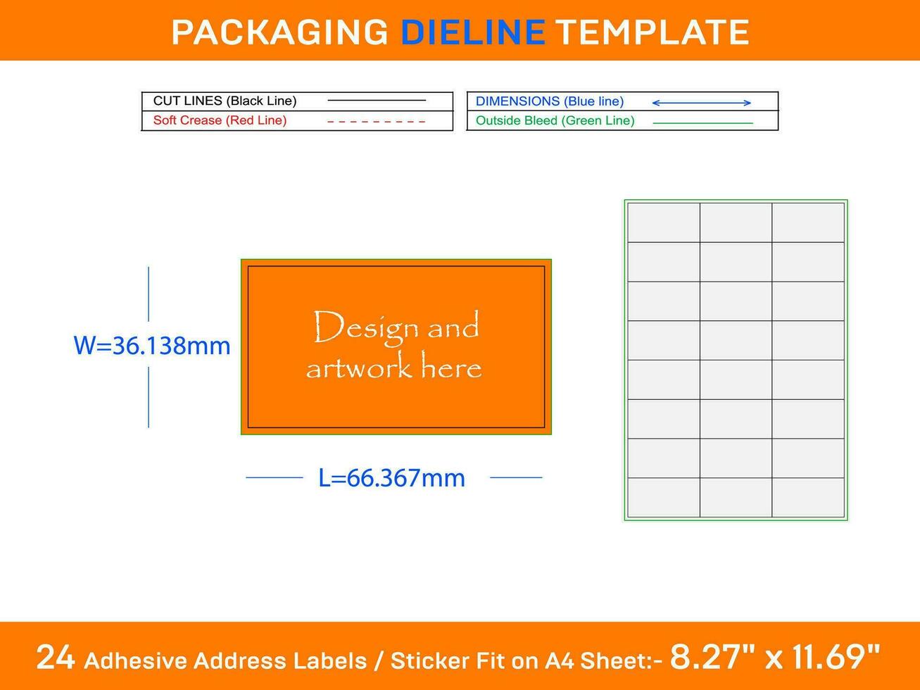 24 Adhesive Address Labels Dieline Template 66.367 x 36.138mm vector