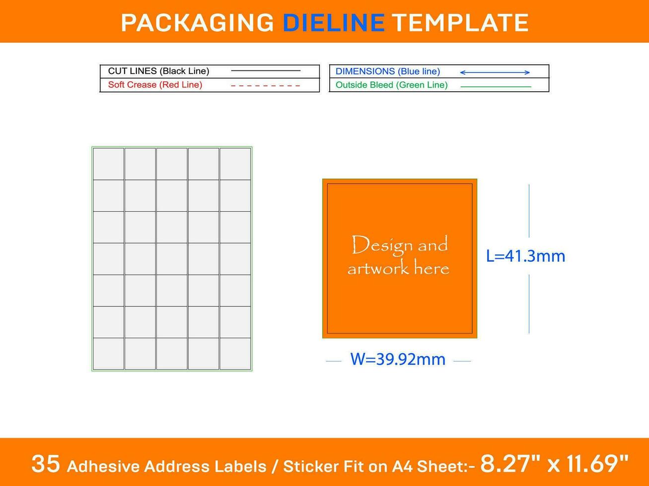 35 Adhesive Address Labels Dieline Template 41.3 x 39.92mm vector