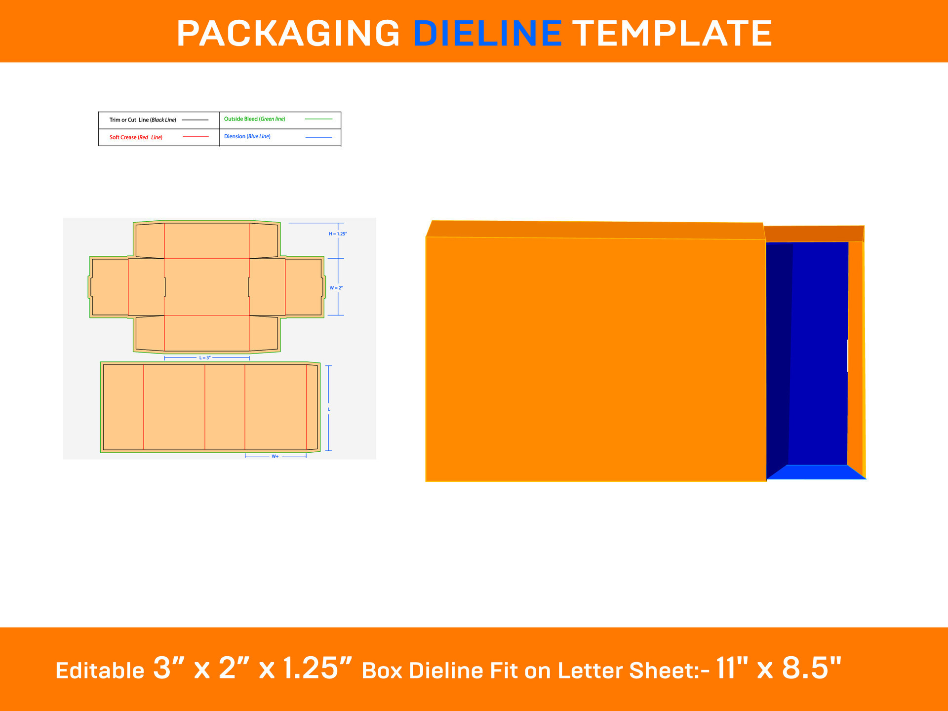 Slide box, Dieline Template, 3 x 2 x 1.25 inch, 25262160 Vector Art at