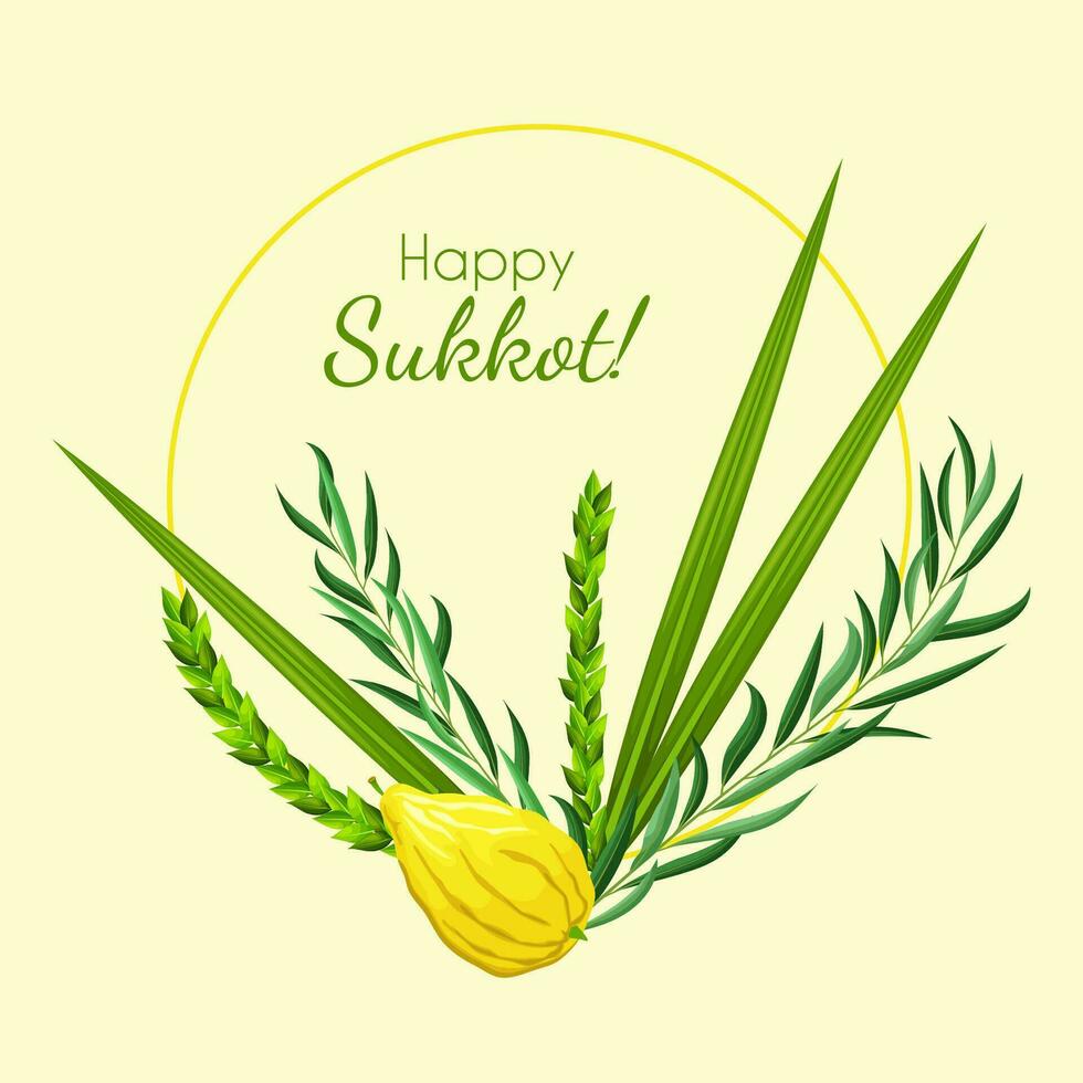 Sukkot greeting card. Feast of Tabernacles or Festival of Ingathering. Circle frame with leaves and lemon. Traditional symbols - etrog - citron, lulav - palm branch, hadas - myrtle, arava - willow vector