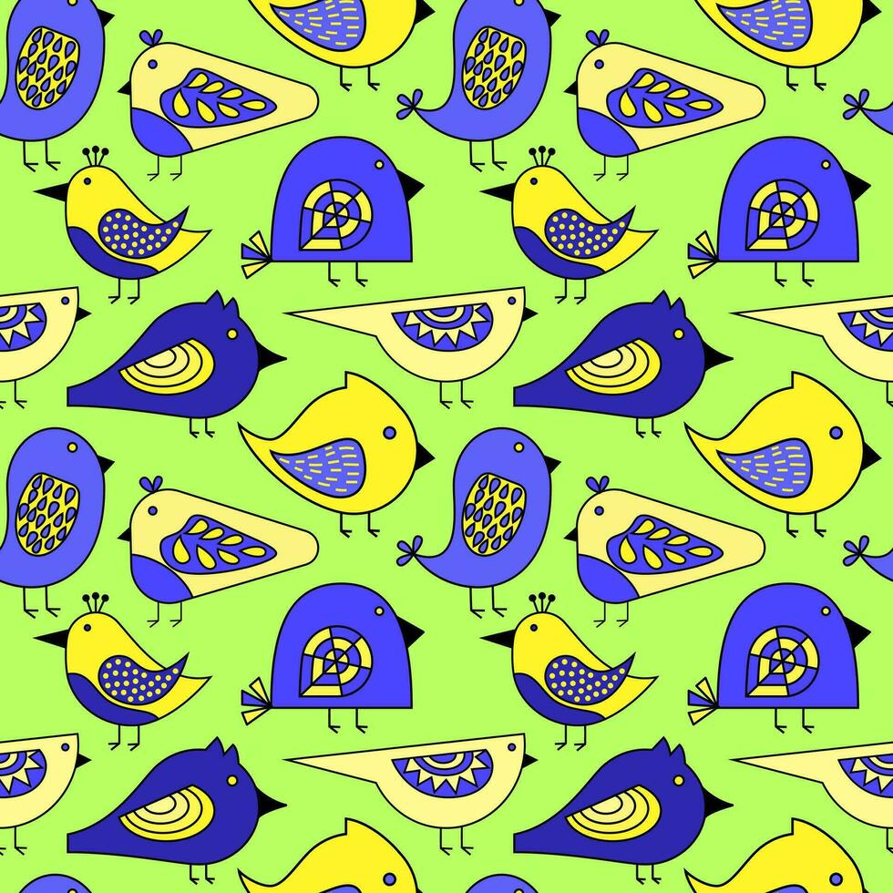 Seamless pattern of abstract coloured birds. Decorative print for packaging, wallpaper, poster, banner, fabric and nursery room. Vector animal collection