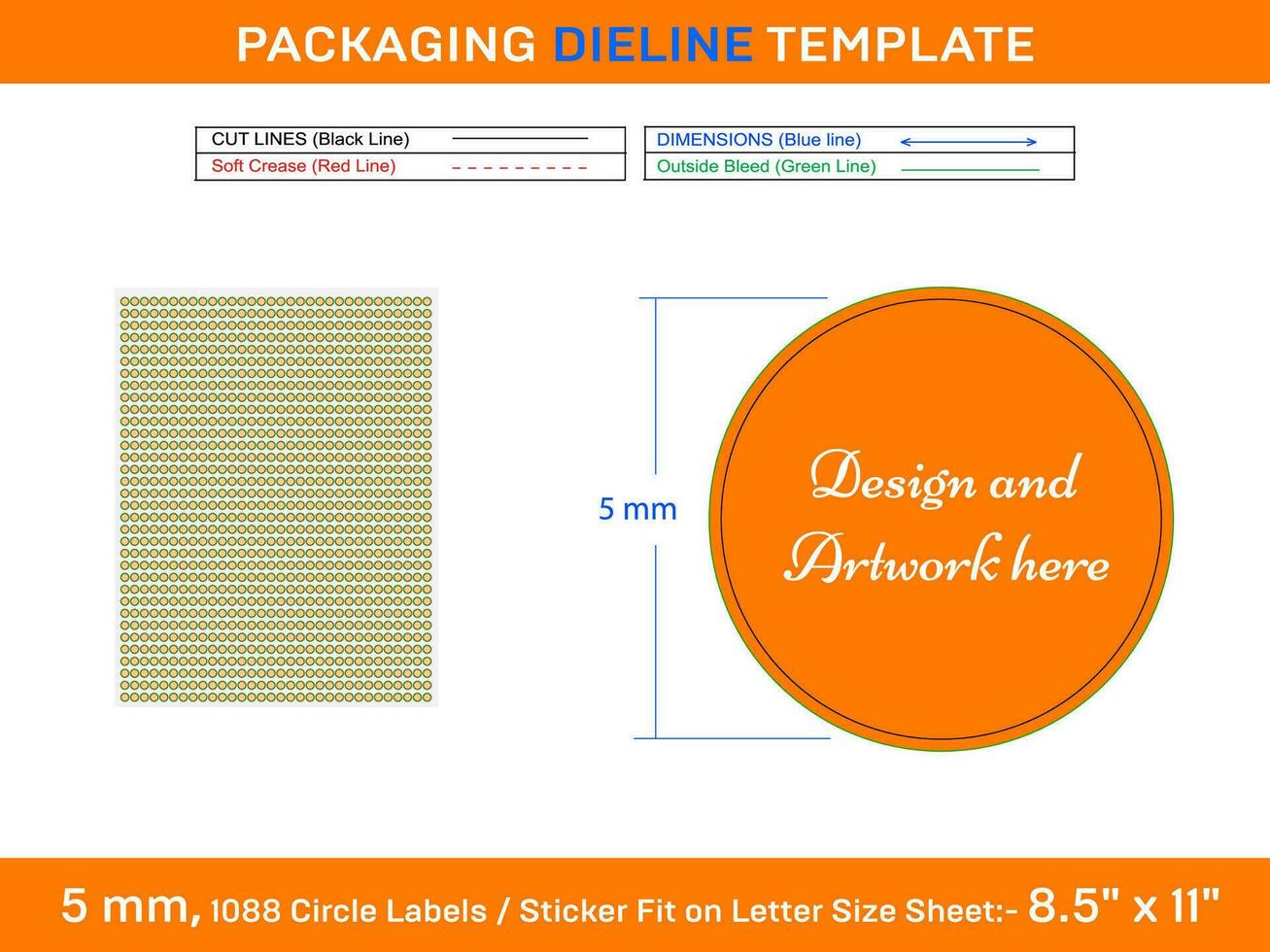 1088pcs 5 mm CIRCLE or ROUND label sticker dieline template vector