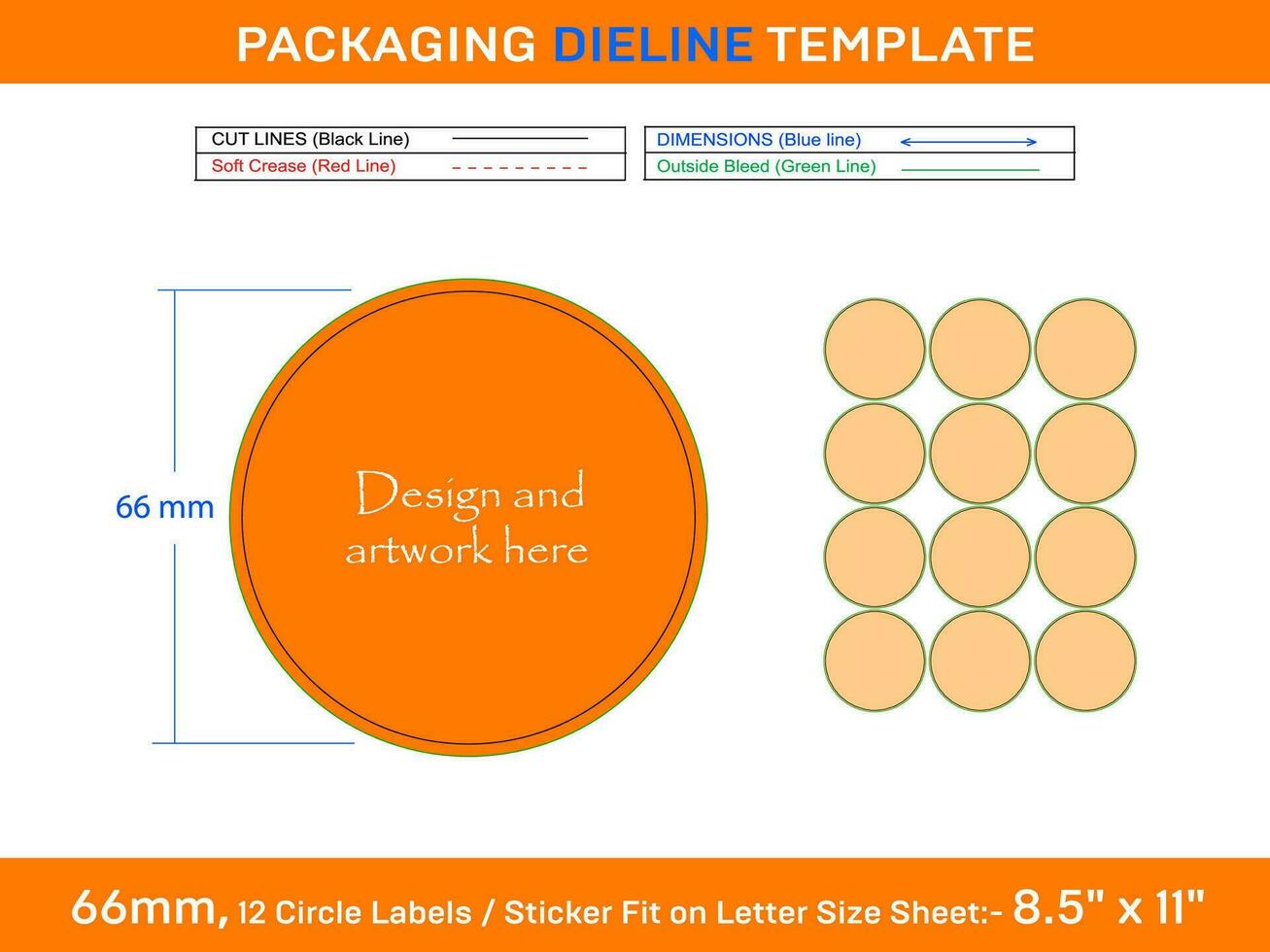 12pcs 66 mm CIRCLE labels sticker dieline template vector