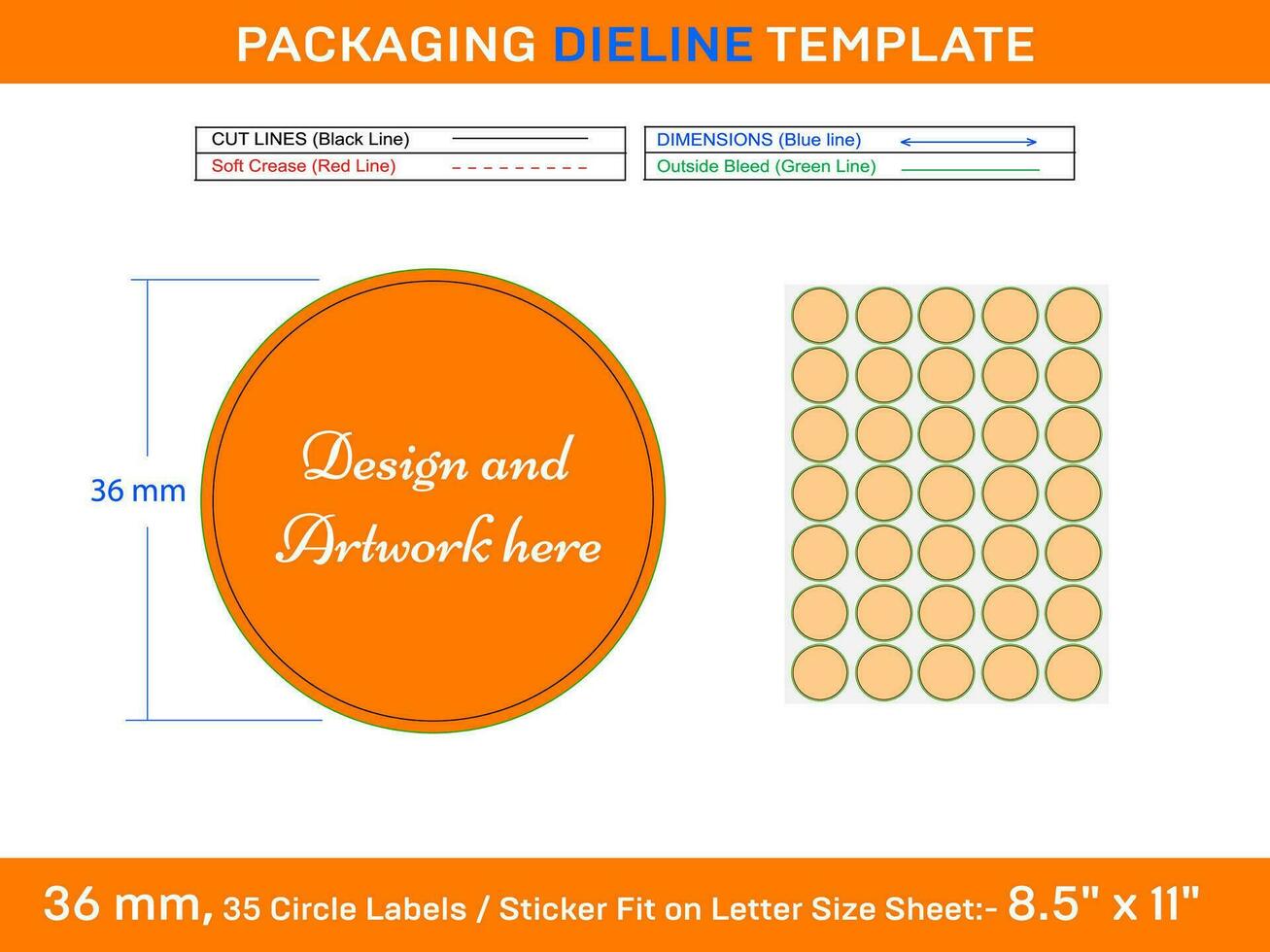 35pcs 36 mm CIRCLE or ROUND label sticker dieline template vector