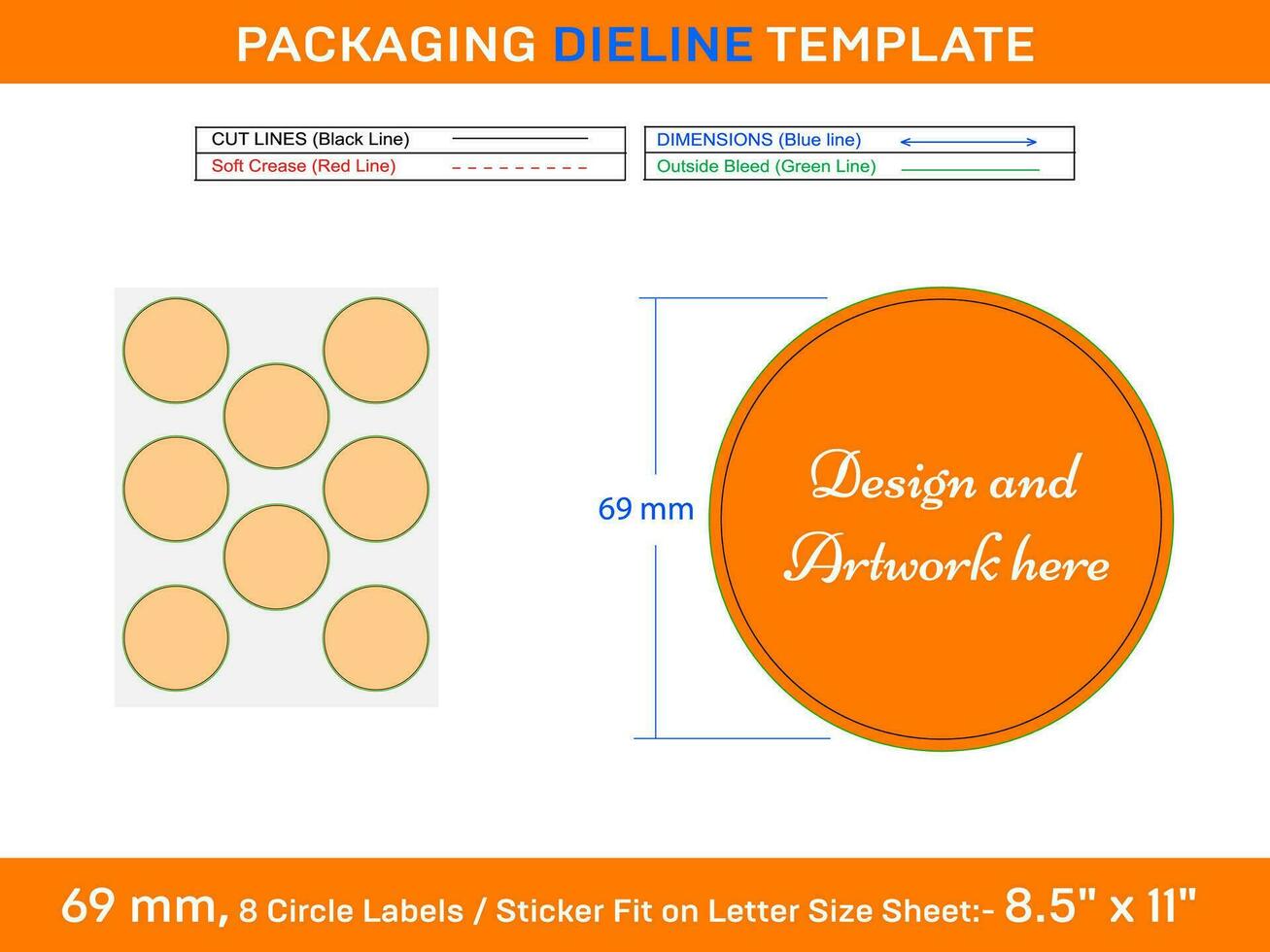 8pcs 69 mm CIRCLE labels sticker dieline template vector
